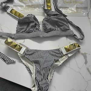 Beach Bunny rare bikini striped with gold squares